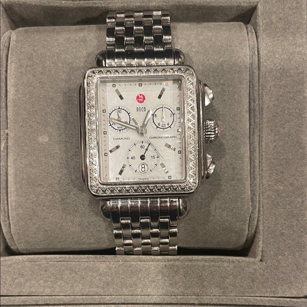Michele Silver Deco Diamond Chronograph Watch